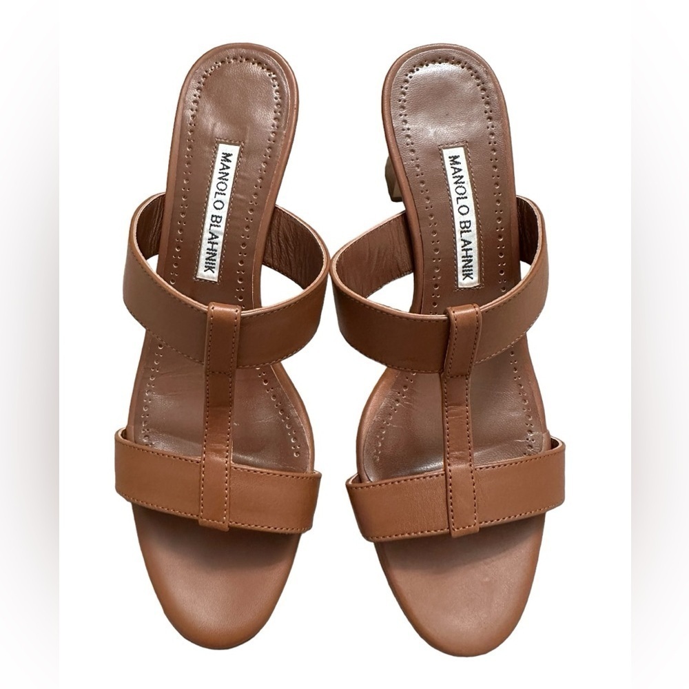 Manolo Blahnik Brown Leather Double-Strap Heel Sandals